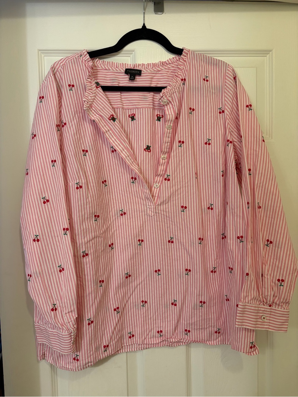Talbots Pink and White Striped Cherry Print Blouse